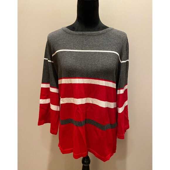 Liz Claiborne Sweater Top Plus Sz XL Grey White Red Stripes 3/4 Sleeves Stylish - Picture 1 of 10
